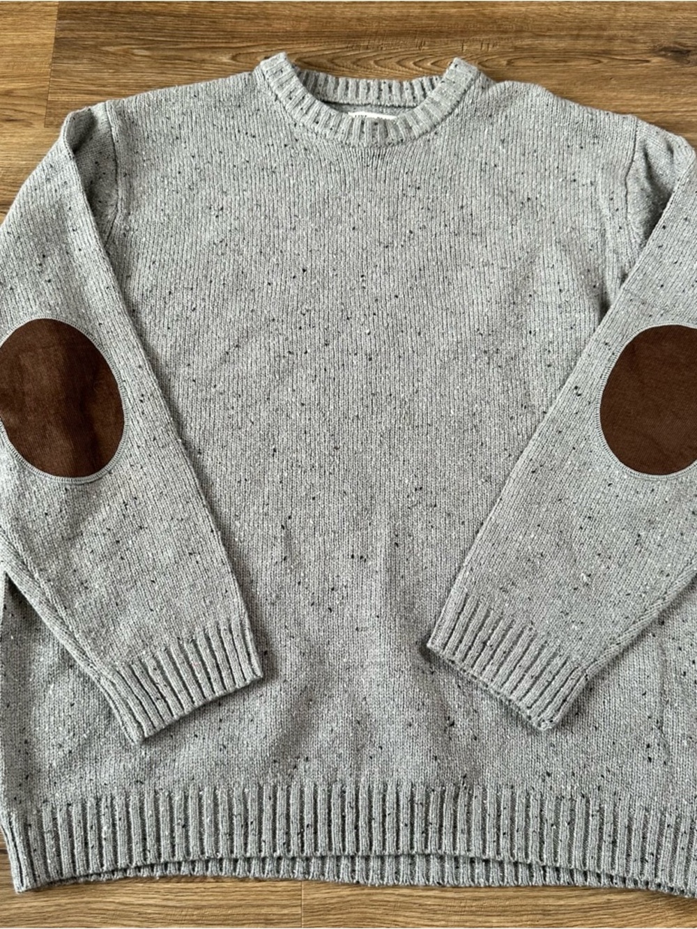 Line of Trade Wool Blend Fisherman Sweater Men XXL Speckled Gray Elbow Patch EUC